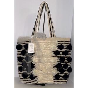 Mud Pie Handloom Pom Tote Bag Navy Large Textured Pompoms‎ New
